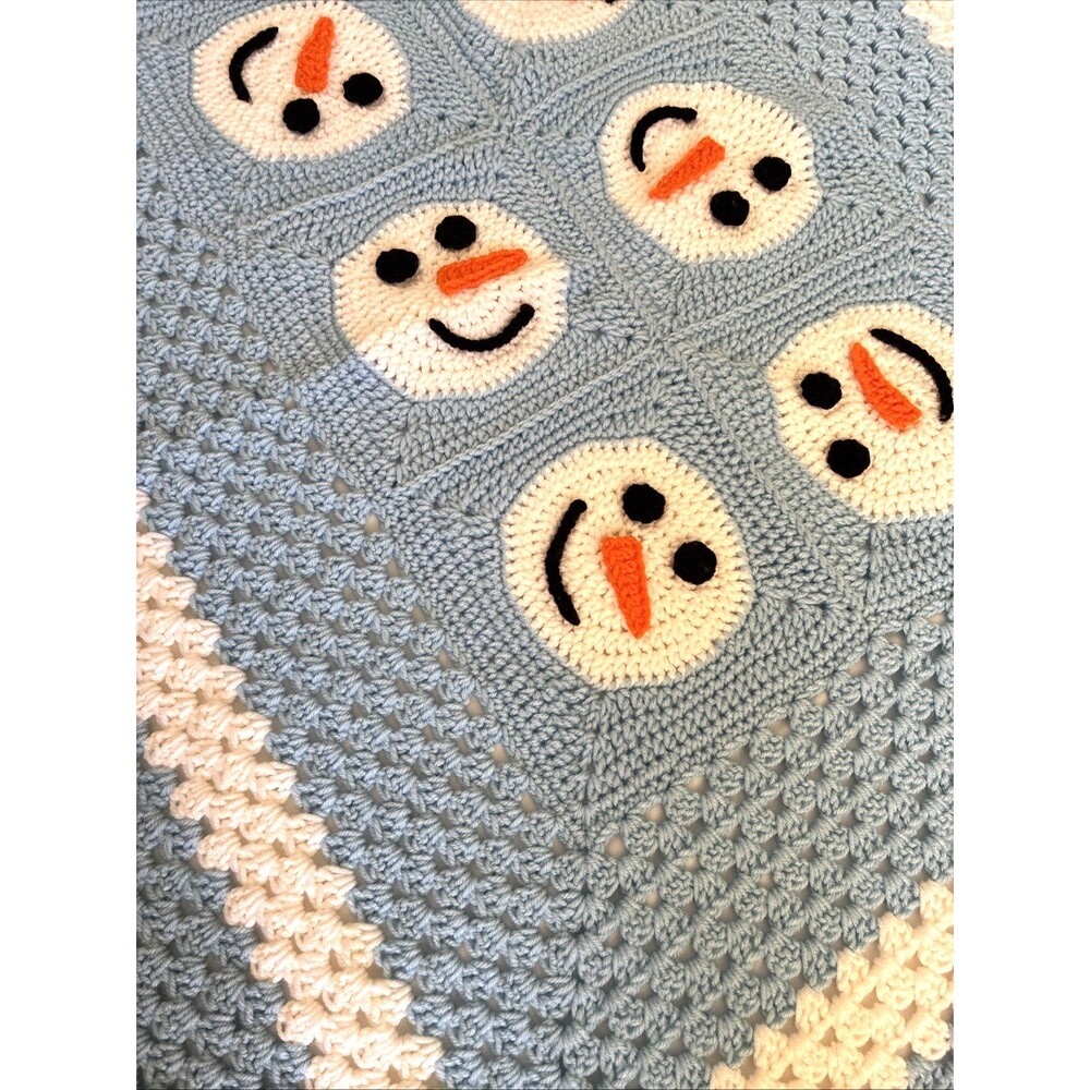 Snowman Crocheted Hand Knit Afghan Throw Blanket 49x41” Baby Blue Winter Holiday